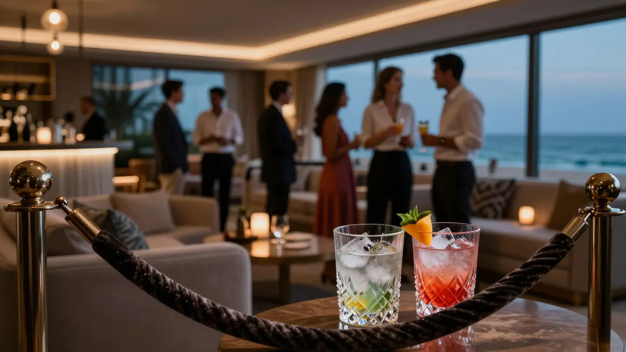 Well-dressed guests enjoying cocktails in a dim beachside club
