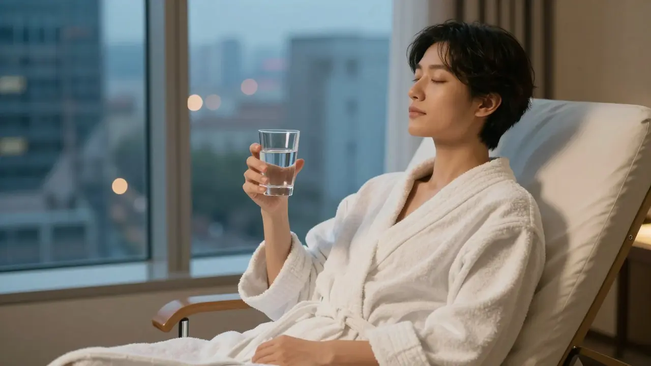 Woman in bathrobe drinking water after spa treatment