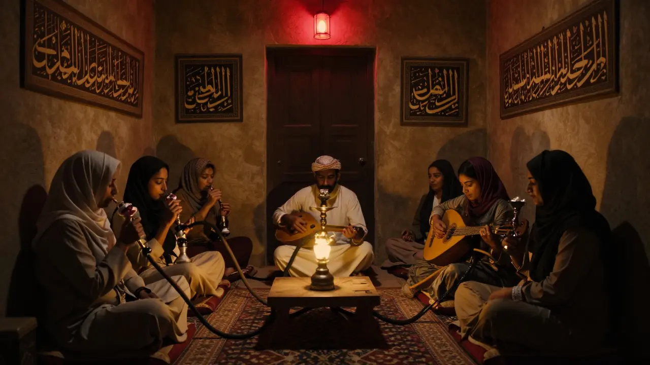 Women in a hidden lounge playing oud music, rosewater hookah, warm lantern glow, intimate atmosphere.