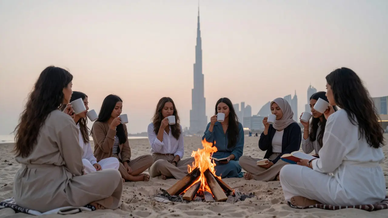 Women sitting around a bonfire at dawn on Dubai beach, sipping coffee, peaceful morning skyline in background.