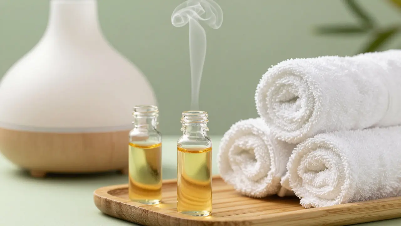 Aromatherapy essential oils and white towels on a bamboo tray in a serene setting