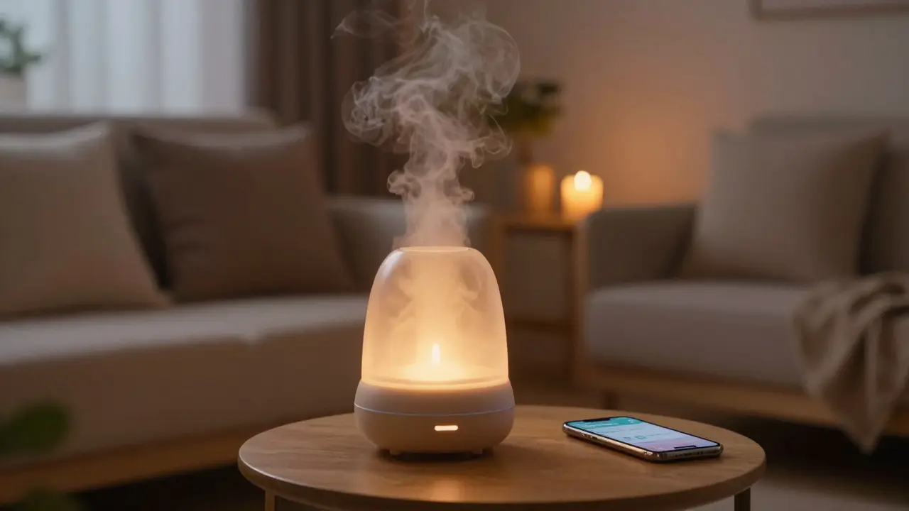 Dimly lit home relaxation space with aromatherapy diffuser and warm candlelight.