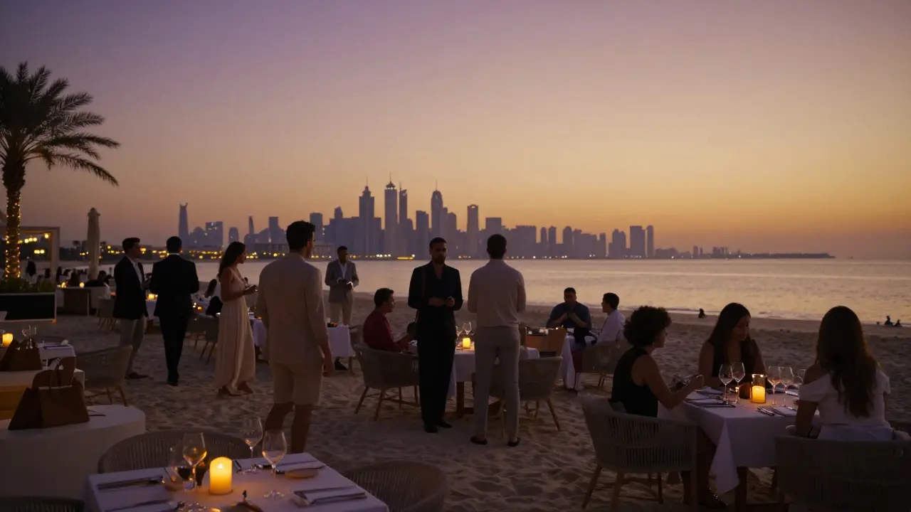 Elegant beach club dinner setting on the sand during a golden sunset in Dubai.