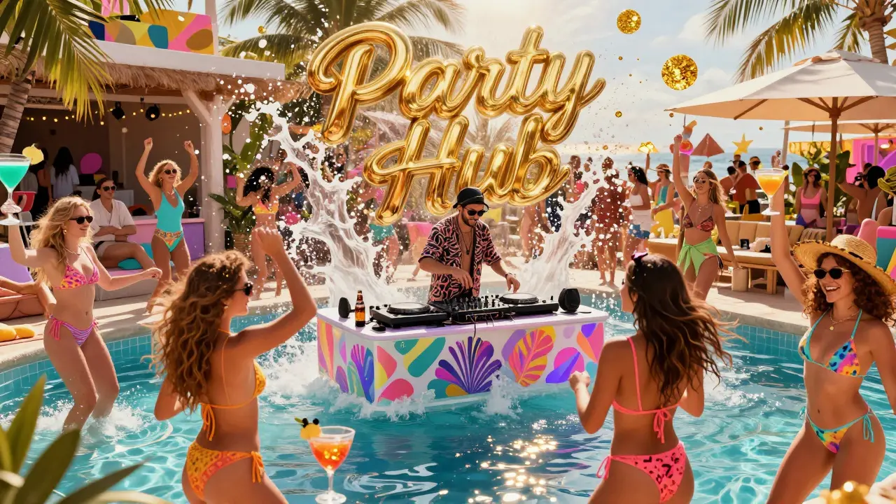Energetic beach club party with a DJ in a pool and people dancing in colorful attire.