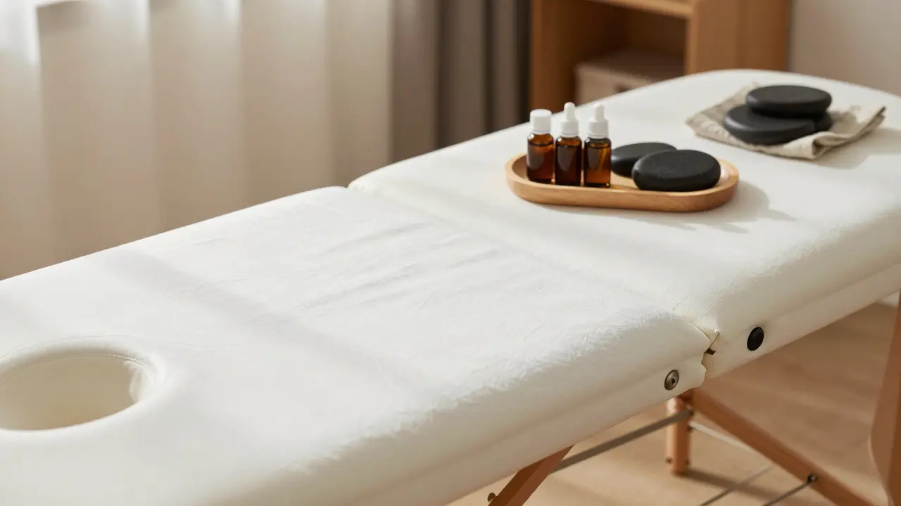 Neatly prepared massage table with linens, oils, and hot stones on a wooden tray.